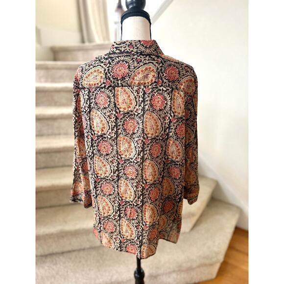 Ralph Lauren Black Orange Paisley Block Print Cotton Ruffle Button Down - Picture 3 of 7